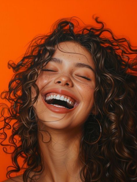 A woman with curly hair joyfully laughs against a vivid orange background, conveying happiness and warmth. Her eyes are closed, and she's wearing hoop earrings.