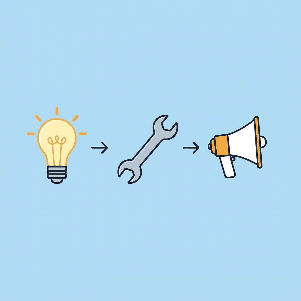 Three-step process flow showing thinking, doing, and fixing as separate sequential phases
