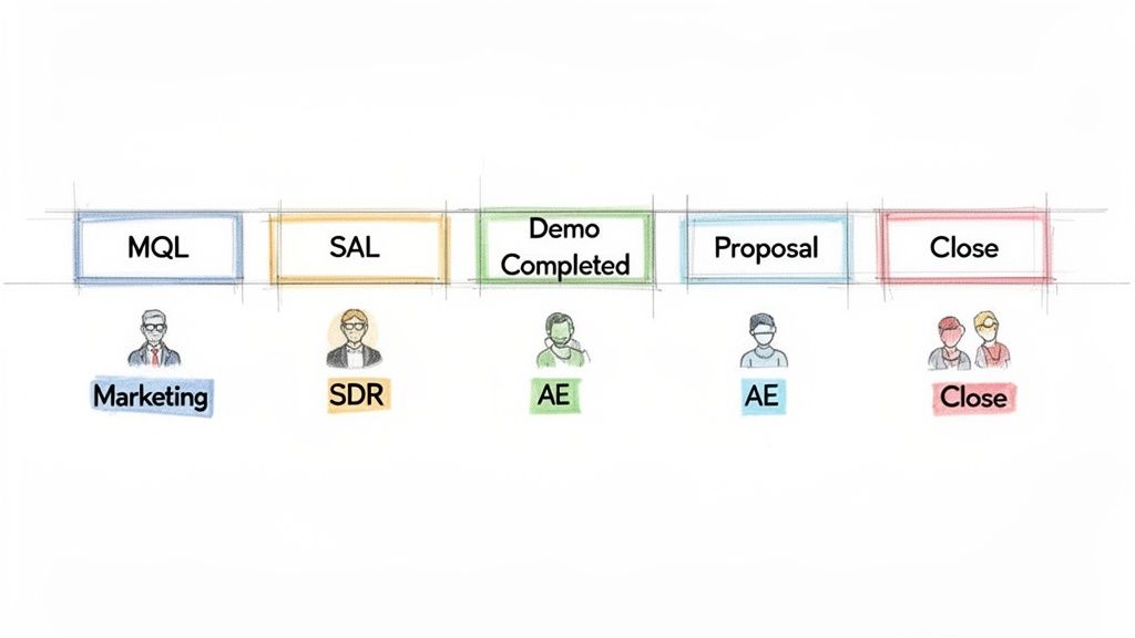 A sales process flowchart illustrating stages from MQL to Close, with roles like Marketing, SDR, and AE.