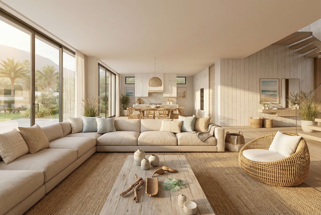 Contemporary luxury apartment interior by Lavish Interiors with sculptural light fixtures, round centerpiece sofa, and expansive windows.