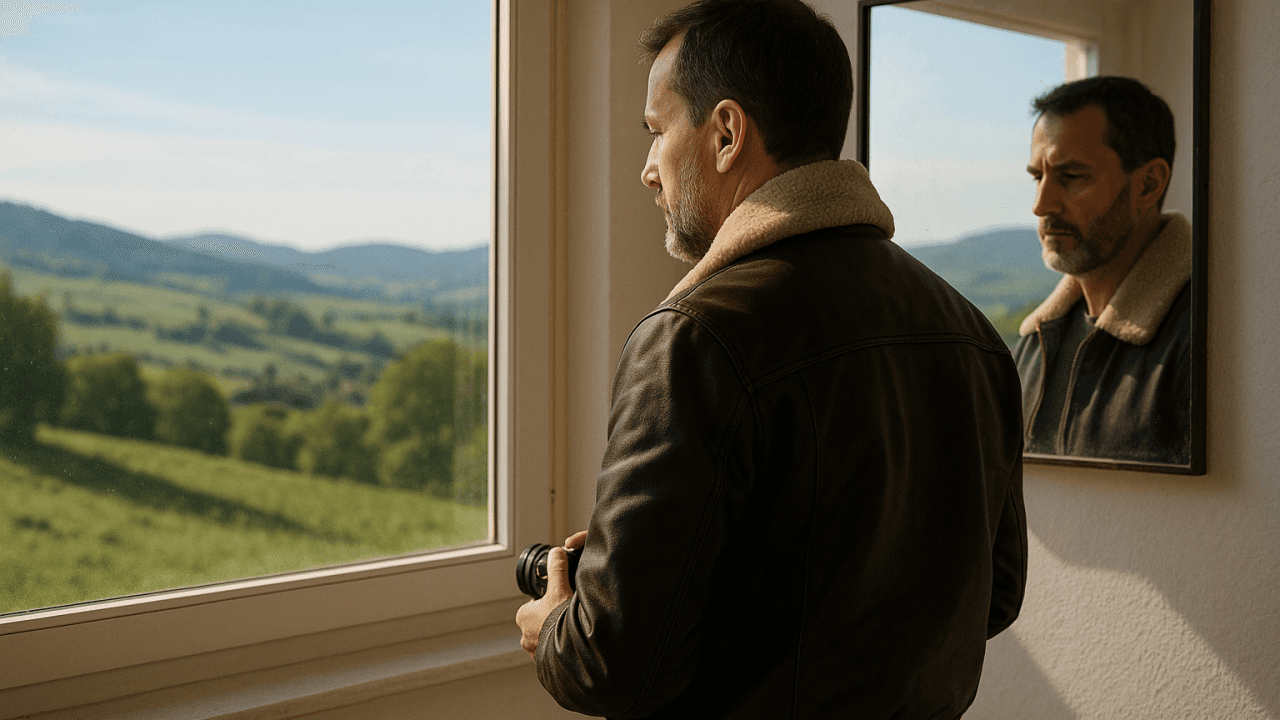 Homme tenant un appareil photo près d’une fenêtre, face à un paysage vallonné, avec son reflet dans un miroir.