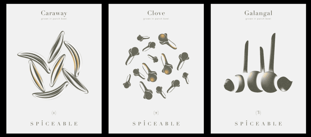 three posters with centered illustrations