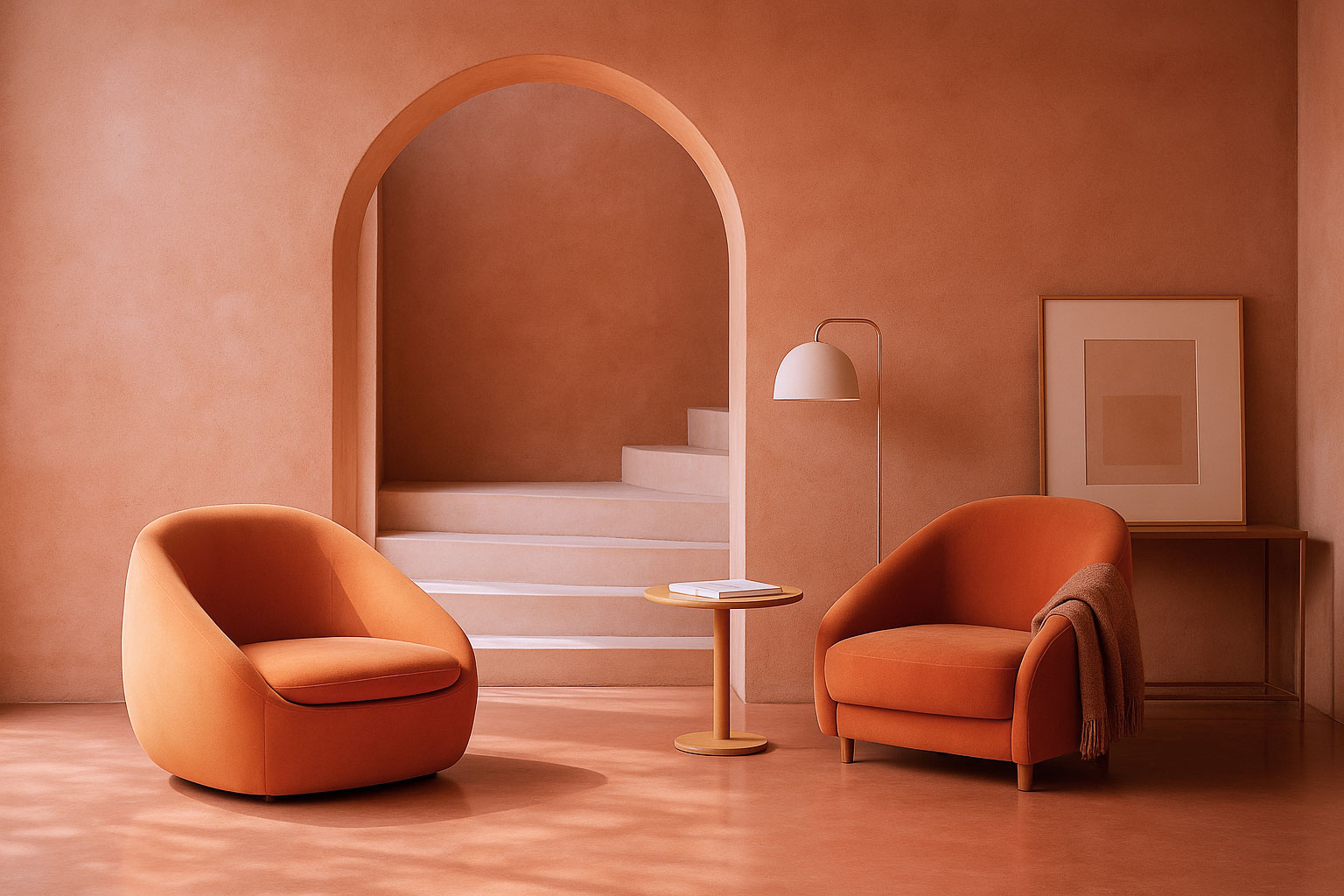 Terracotta interior with arched doorway, sculptural orange armchairs, minimalist décor, and warm light.