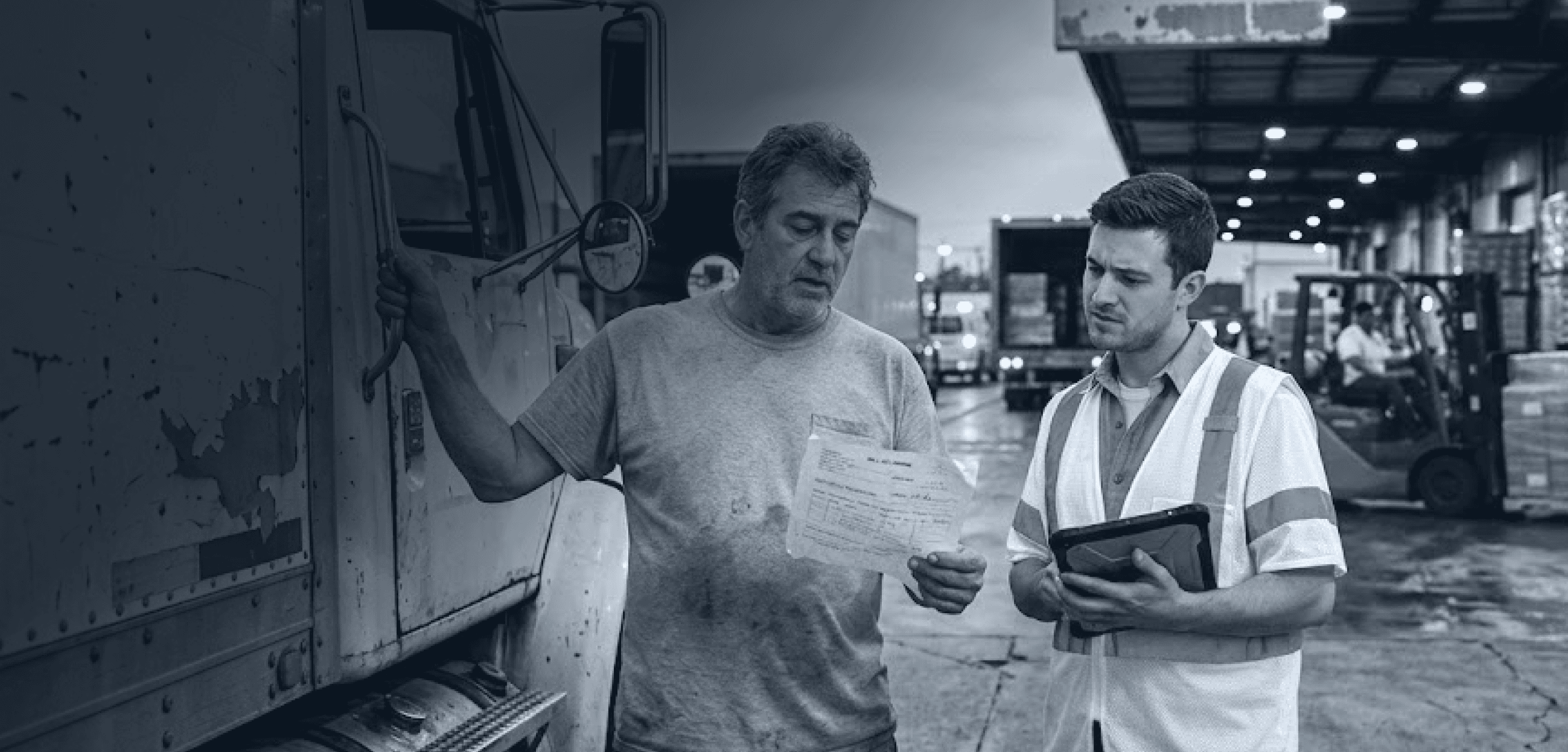 Dispatcher and driver reviewing paperwork and shipment details together at truck loading area