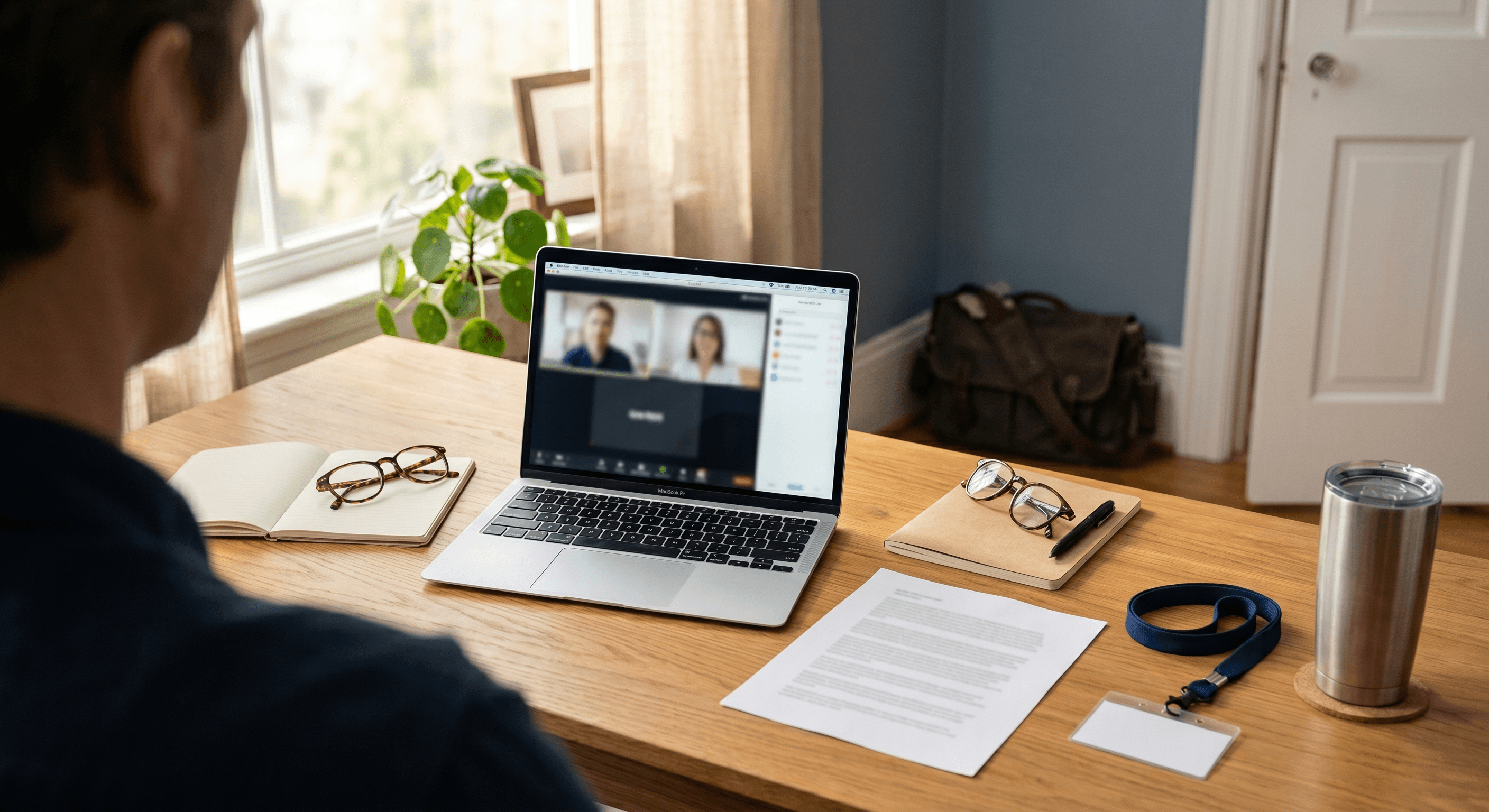 Over-the-shoulder view of a professional at a home office desk during a video consultation, with a laptop, a printed document, reading glasses, a work lanyard with a blank badge, and a packed work bag by the door in the background, lit by soft morning light.
