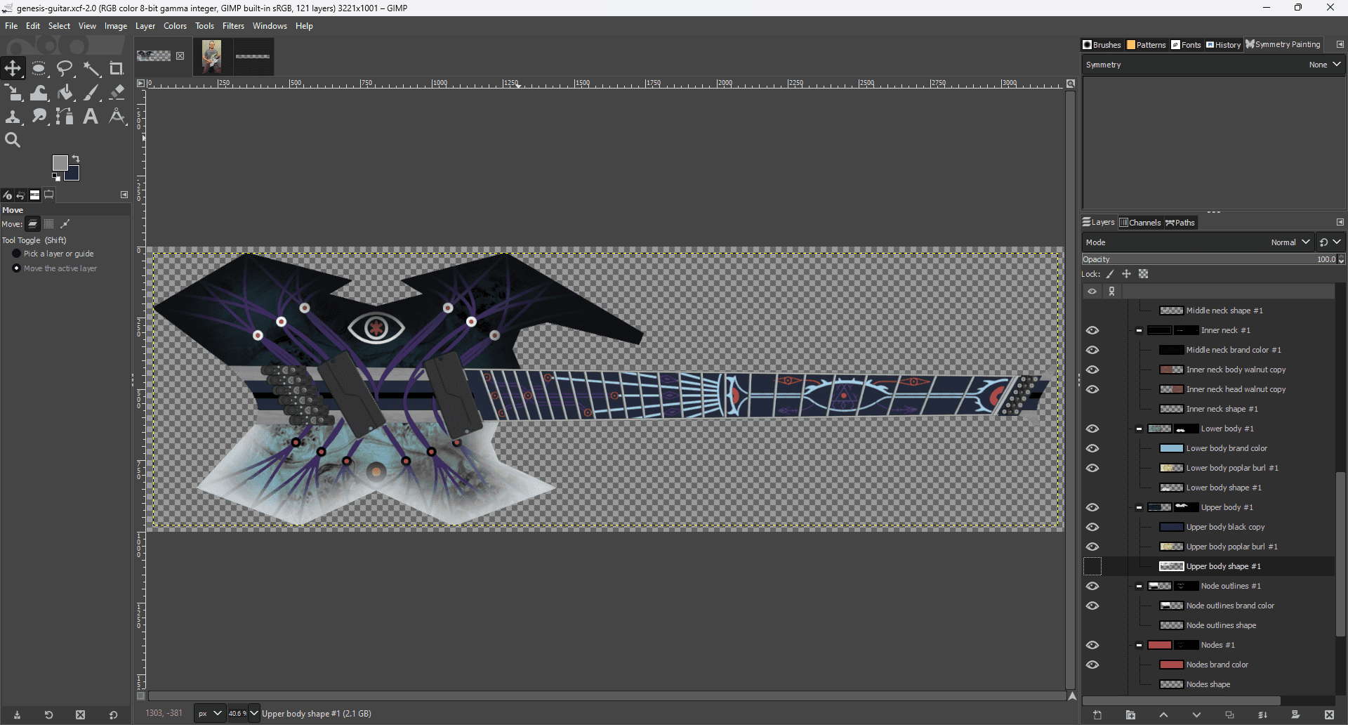 GIMP layer scheme for Genesis guitar color exploration using CAD model shape masks for woods, burst finishes, and inlay colors