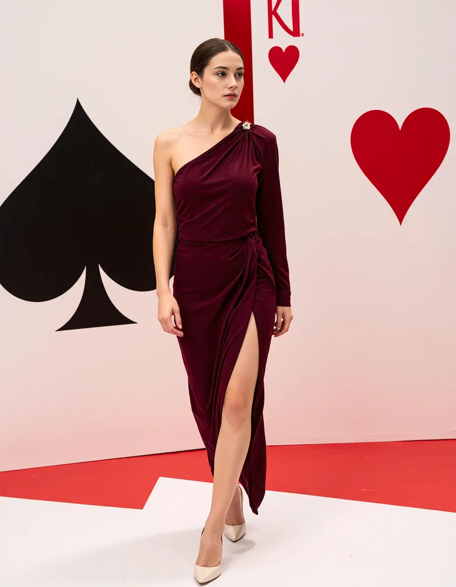 Elegant one-shoulder burgundy gown with high slit, styled against a playing card themed backdrop featuring spade and heart symbols