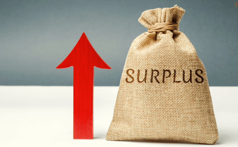 A red upwards arrow next to a brown bag with "surplus" written on it