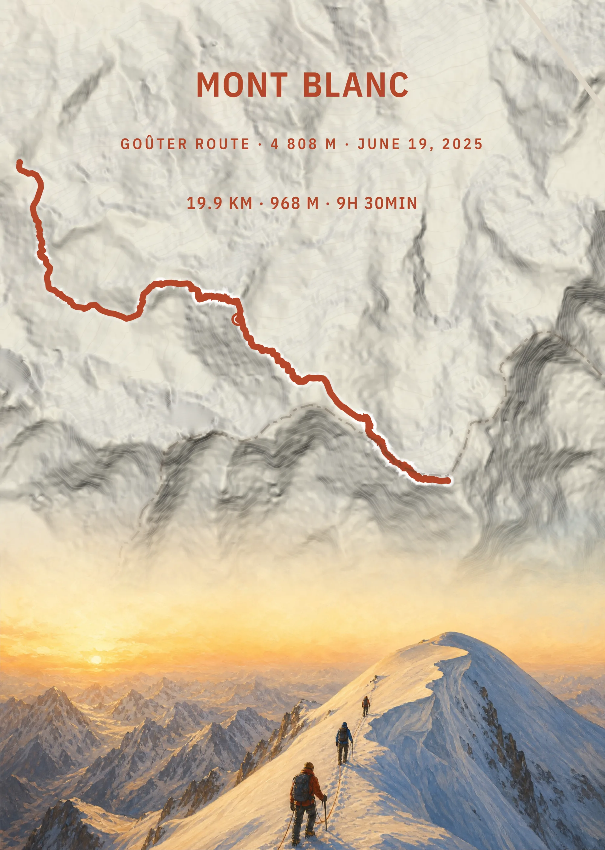 Der Beweis, dass du die Alpen bezwungen hast — deine Spur über die Goûter-Route zum Mont Blanc (4 808 m), wie du den Grat im Morgenlicht erreicht hast.