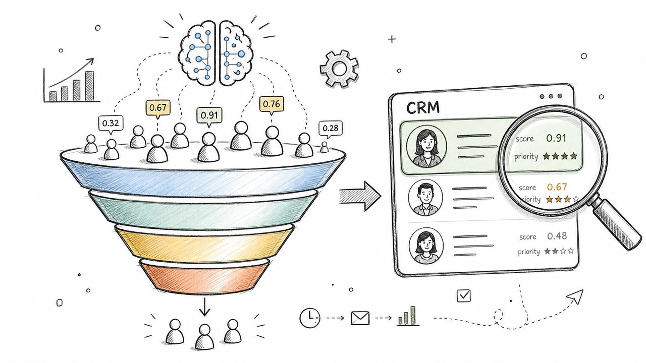 A hand-drawn illustration showing a sales funnel filtering potential leads based on AI-generated priority scoring.