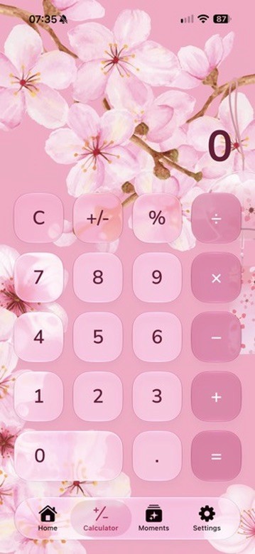 MochiMoney early Calculator screen in the pink sakura theme