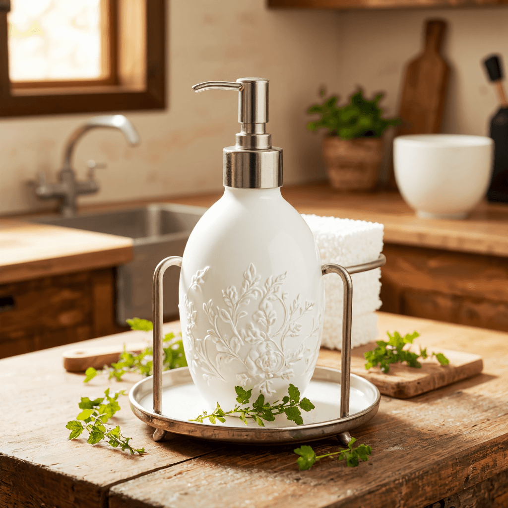 product photography of a soap dispenser with a sponge holder