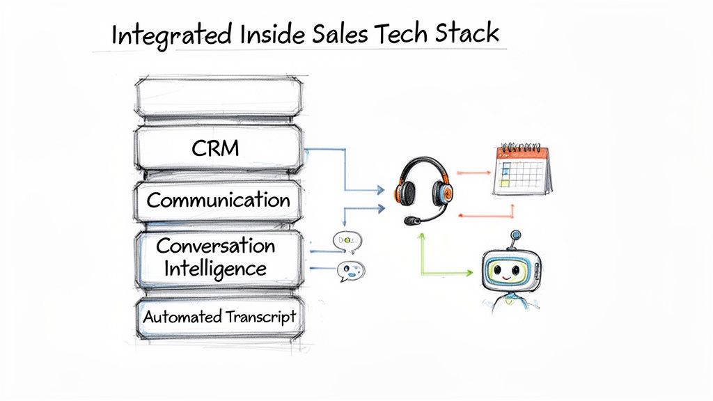 Integrated inside sales tech stack diagram illustrating CRM, communication, conversation intelligence, and automated transcripts with tools.