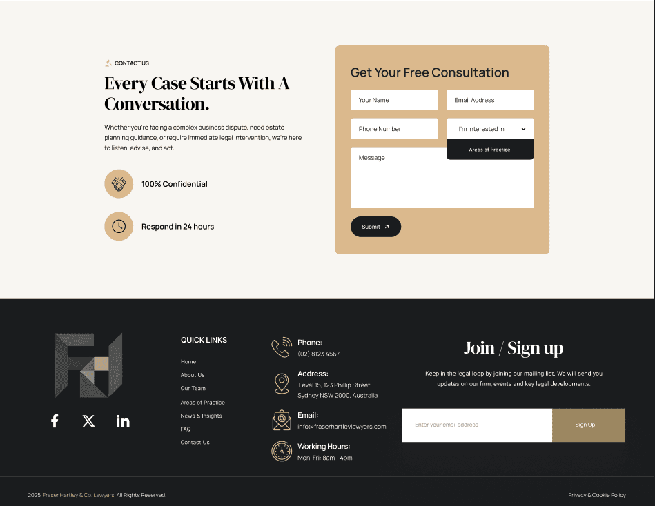 ux ui design for law firm website's desktop version Contact Form