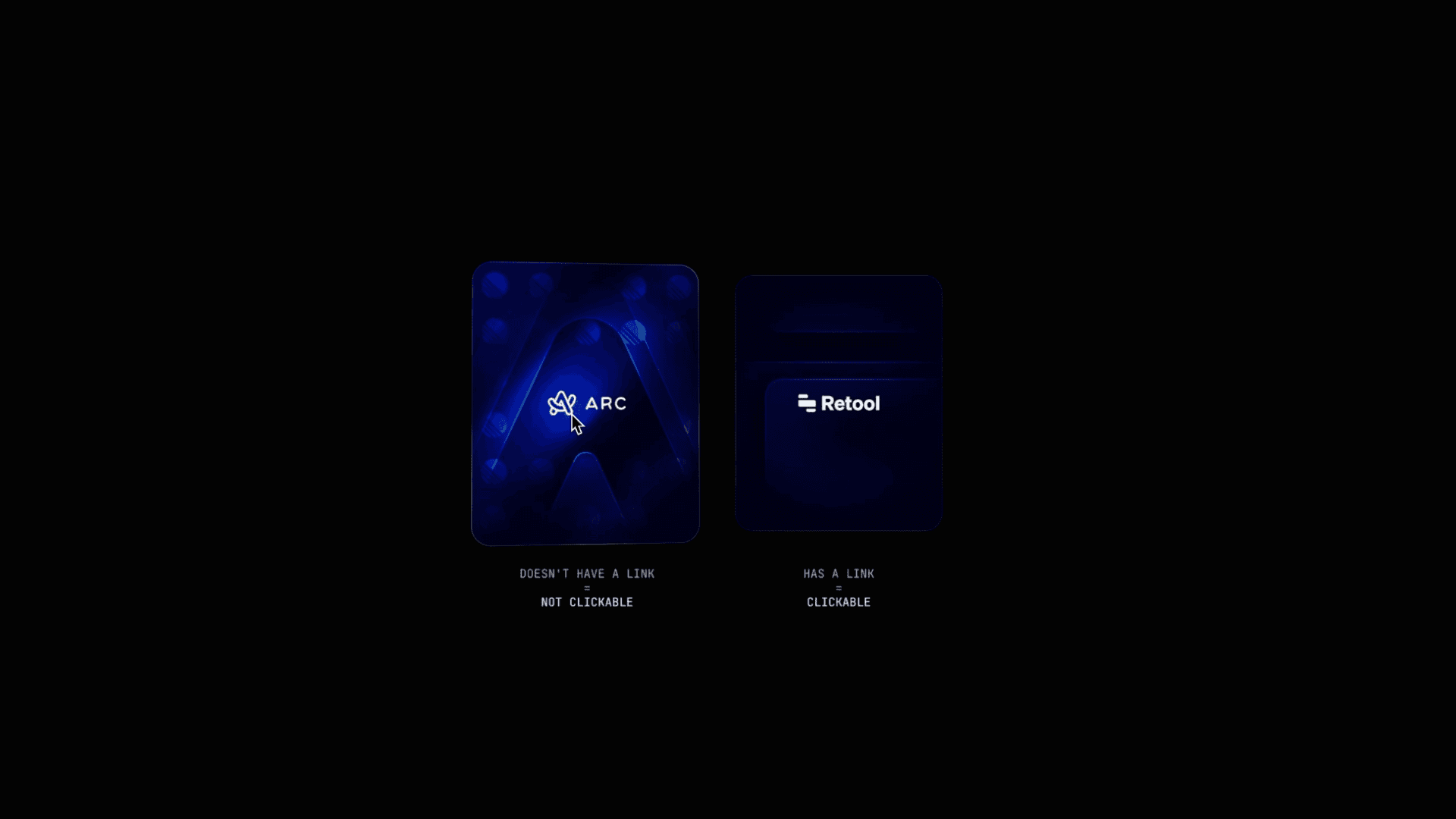 Two interface cards on a dark background; the left card labeled 'ARC' is not clickable with an inactive link, and the right card labeled 'Retool' is clickable, indicated by a glowing outline and a link symbol