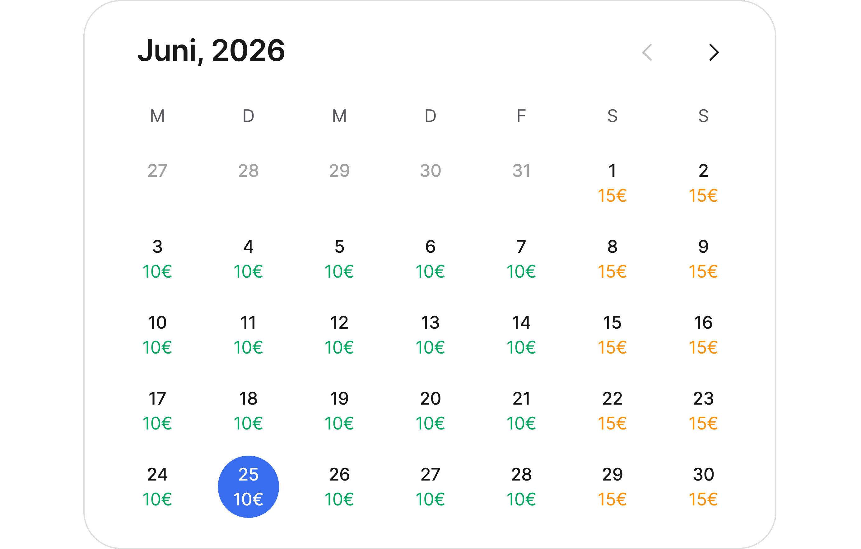 Kalenderansicht mit dynamisch festgelegten Preisen