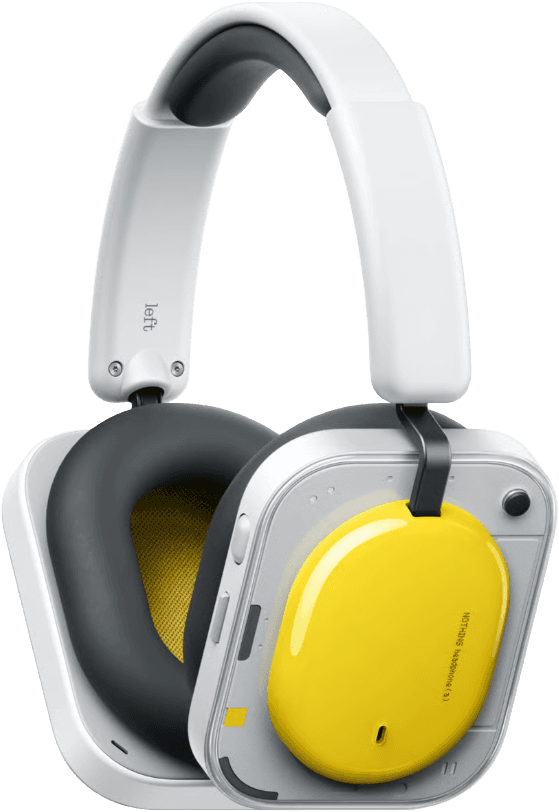 Nothing Headphone (a) over-ear headphones in white with a transparent yellow earcup detail.