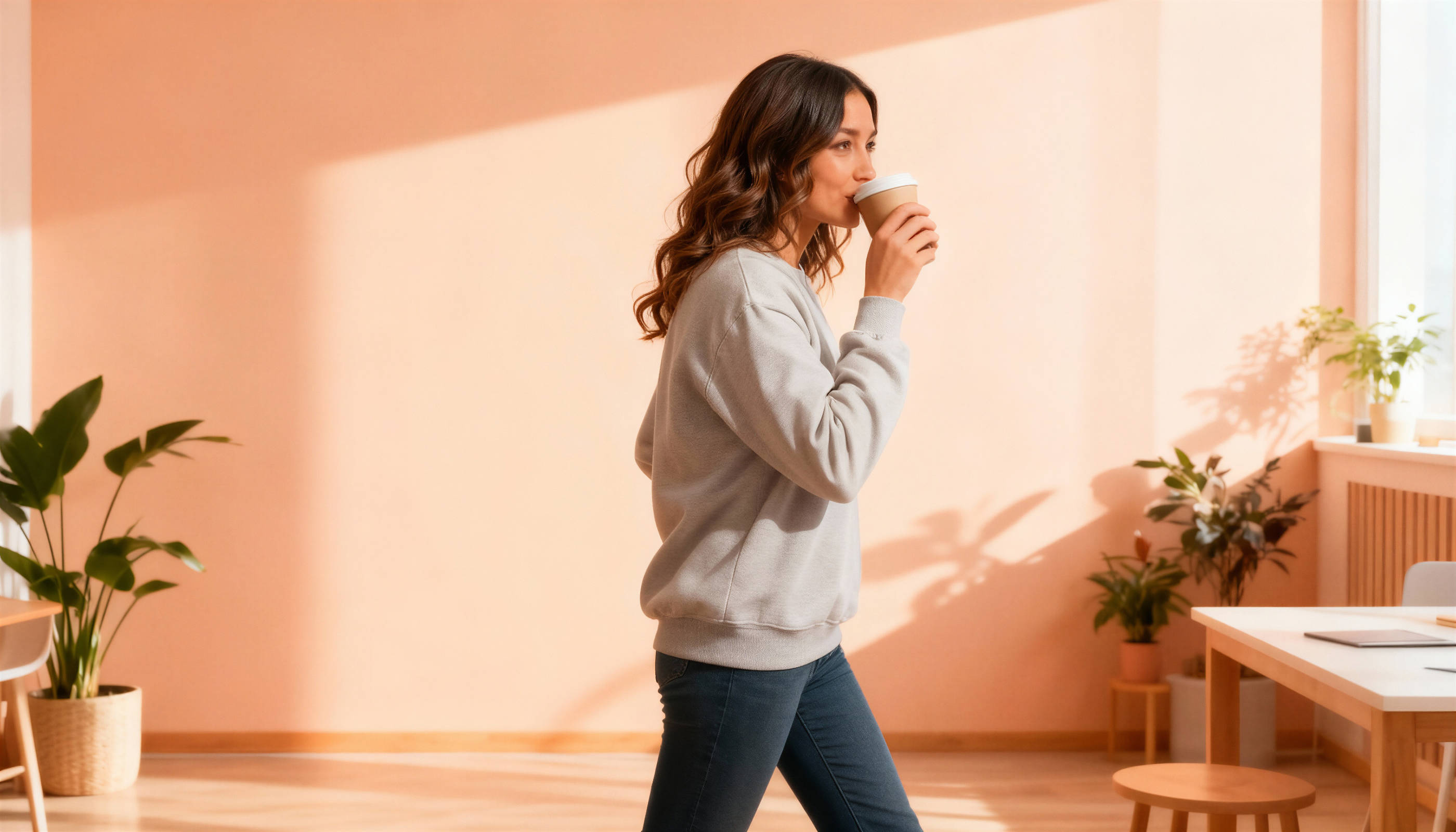 Woman walking through a cozy room with peach-painted wall, taking a sip of coffee