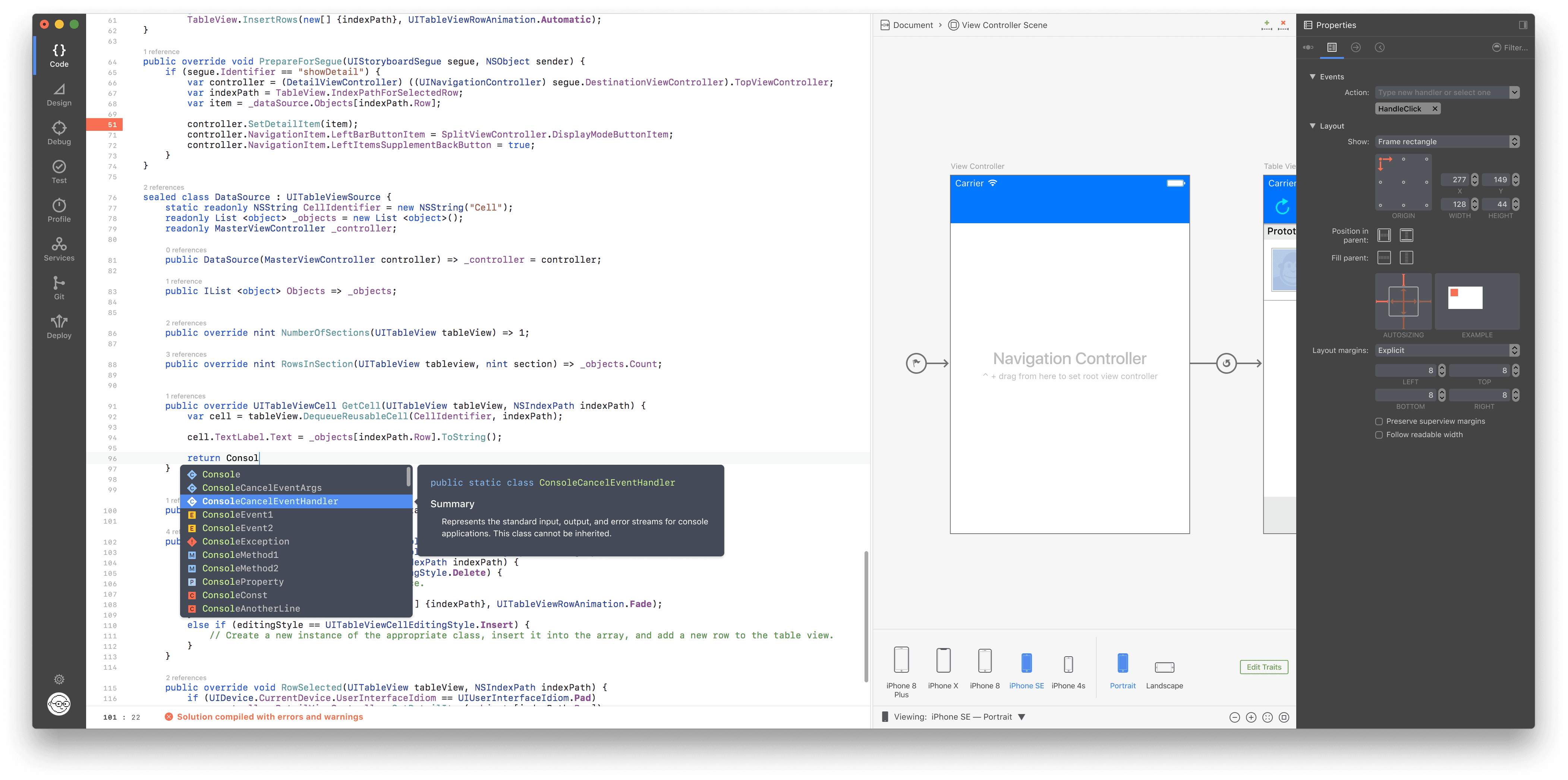 Integrated development environment interface showing code editor, mobile app design preview, and project structure for an iOS app.