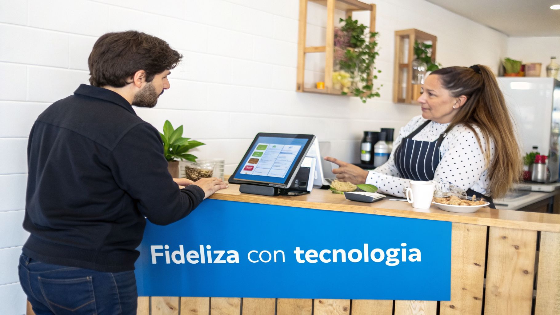 Un cliente y una barista interactúan en una cafetería moderna con un sistema POS.
