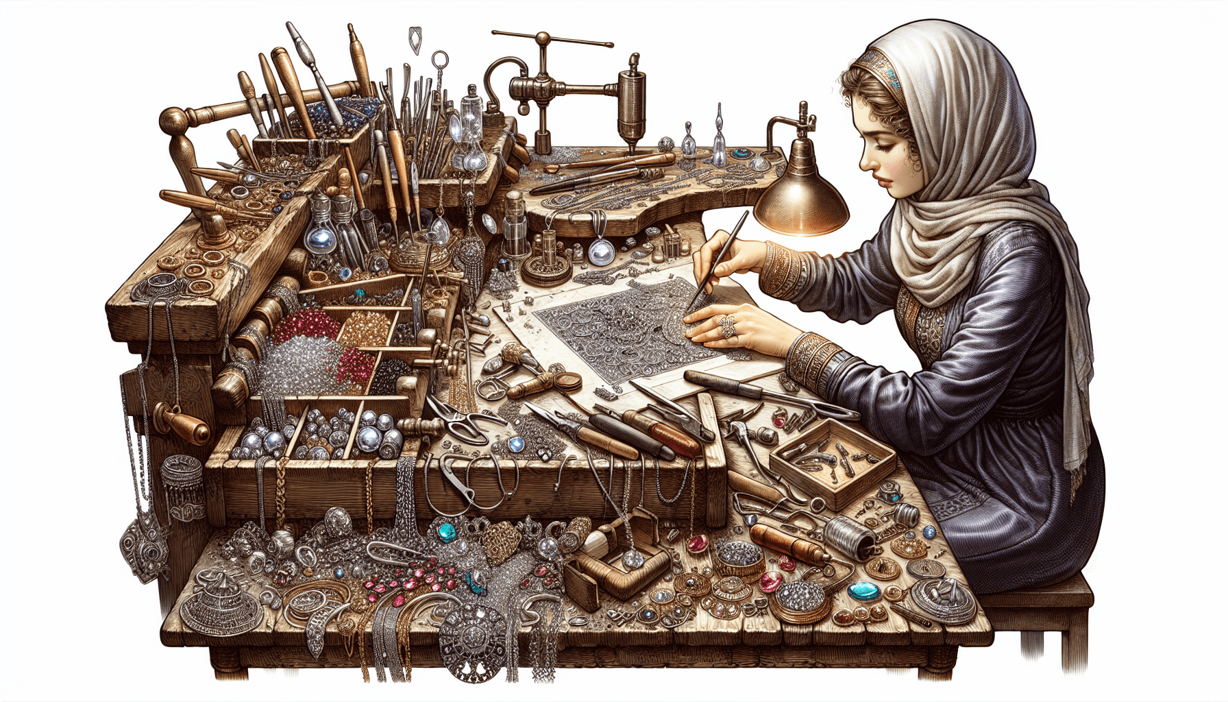 Illustration of a jewelry designer creating a new piece