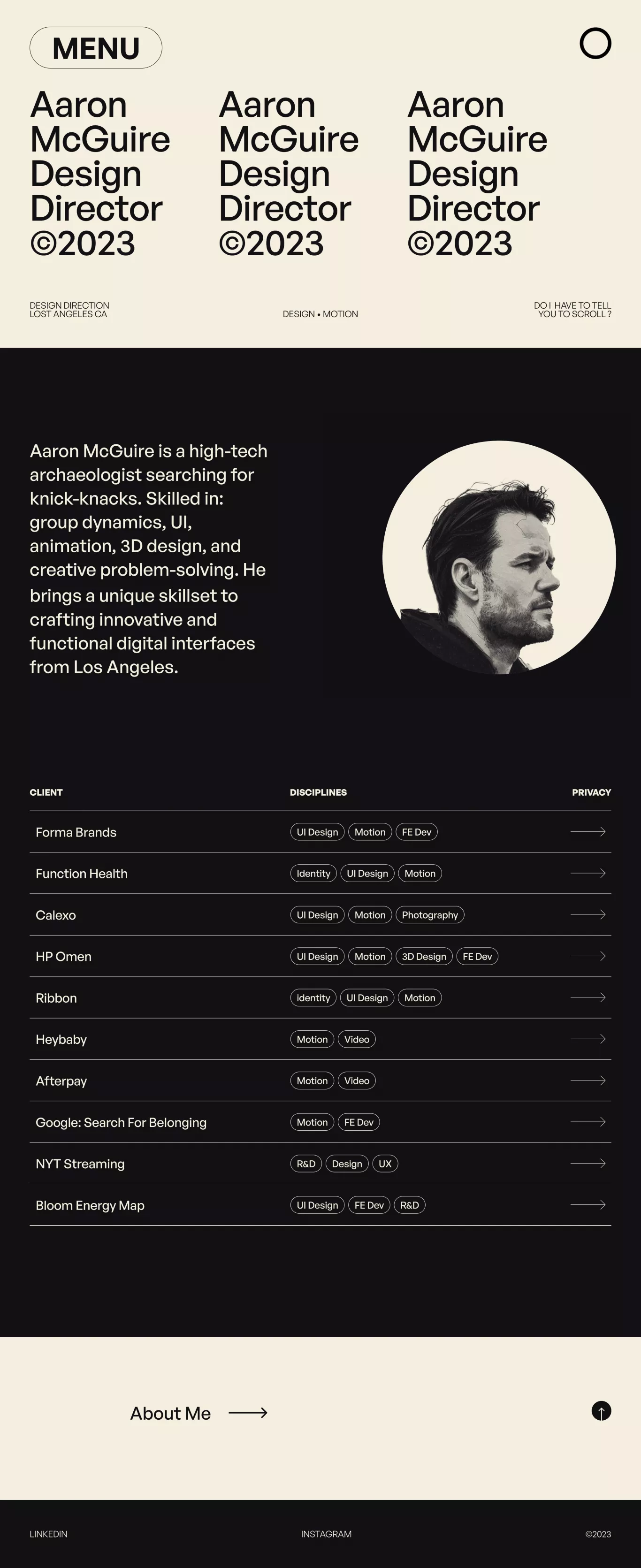 Aaron McGuire - Design Director 2023 portfolio page screenshot showcasing Design and Tech design