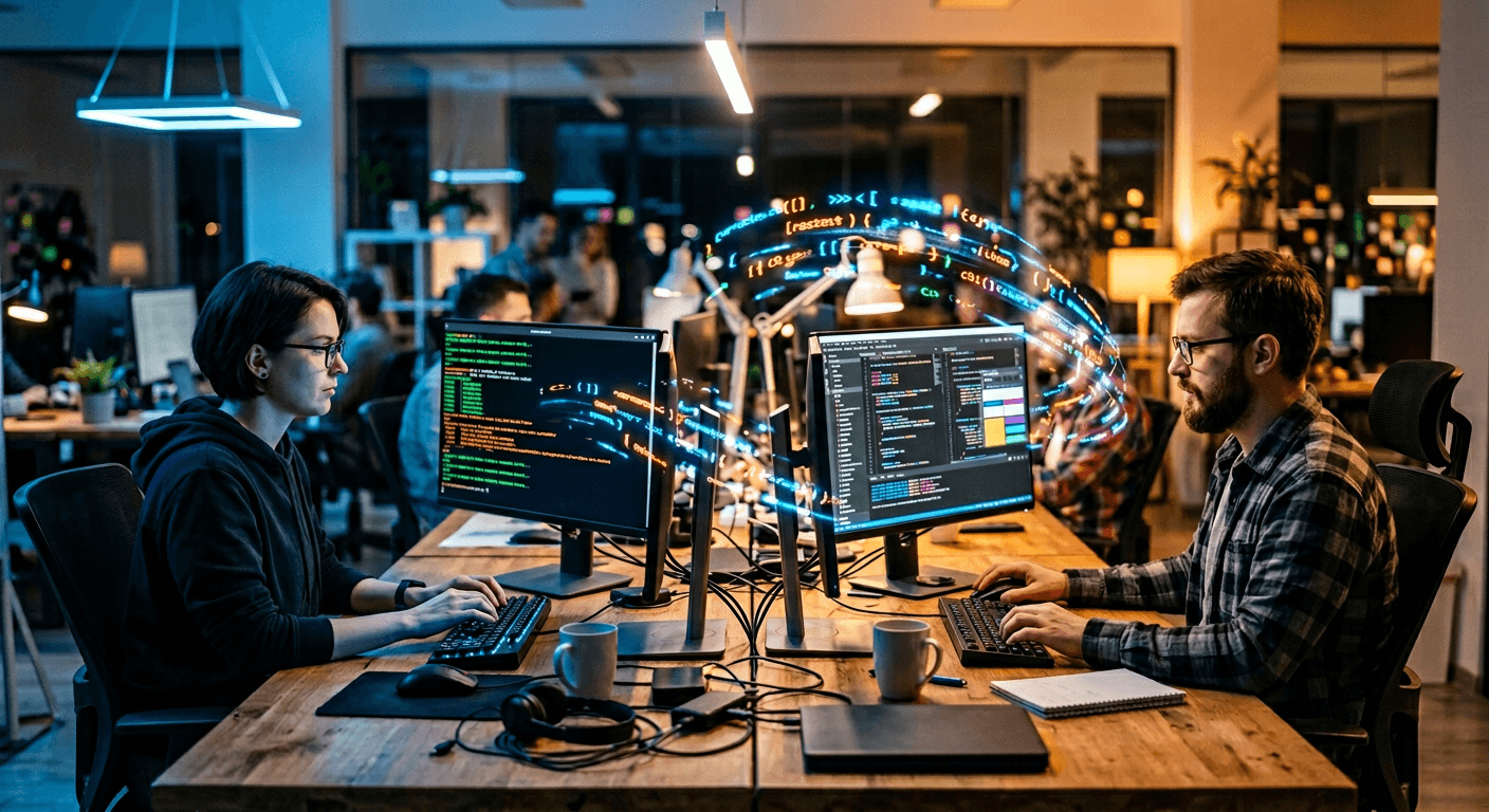 Two developers working side by side comparing terminal-based and visual IDE approaches to AI-assisted coding
