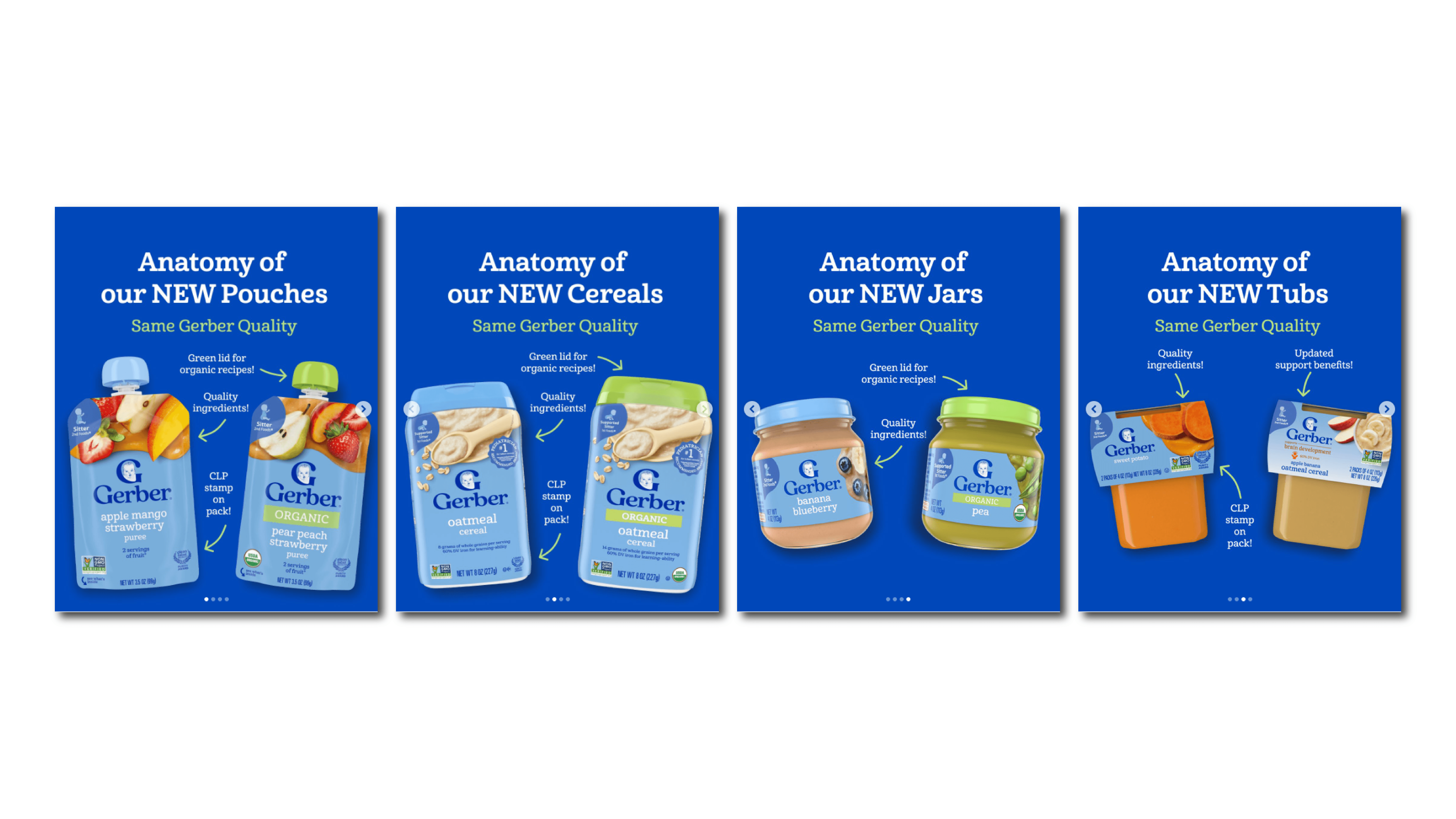 Four Gerber packaging anatomy cards showing new pouches, cereals, jars, and tubs with arrows pointing to label updates.