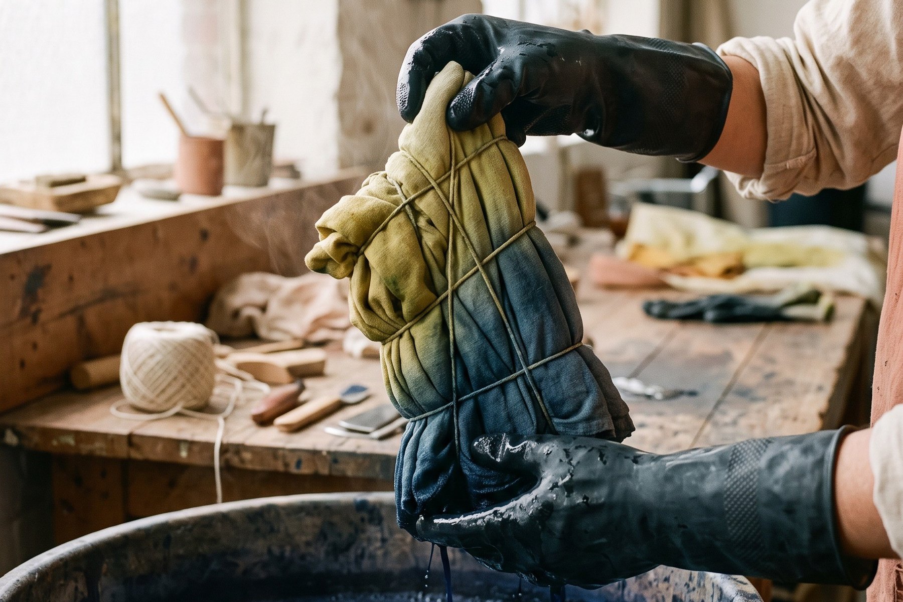 Lifting cloth out of the indigo vat