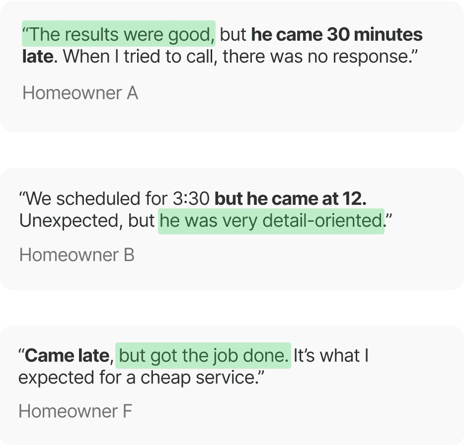 Three homeowner testimonials in text boxes highlighting punctuality issues with Lawnstack