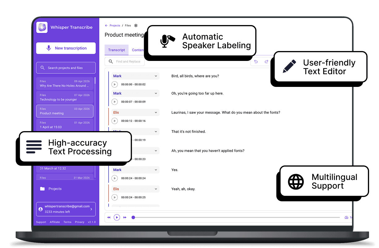 Interface do WhispeerTrasncribe para reuniões