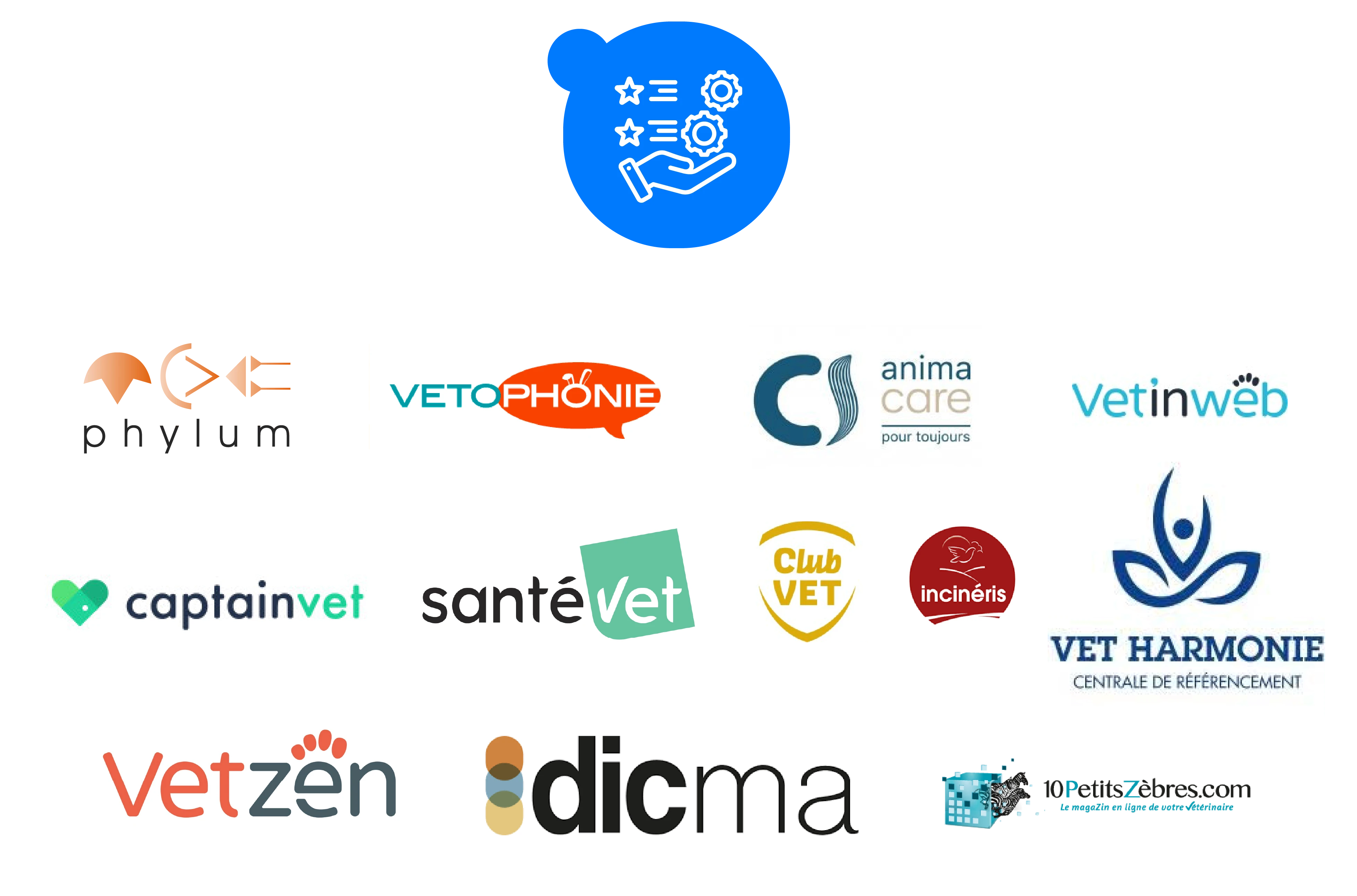 Logos des services vétérinaires partenaires : Phylum, Vetophonie, Animacare, Vetinweb, Captainvet, Santévet, Club Vet, Incinéris, Vet Harmonie Centrale de Référencement, Vetzen, Dicma et 10 Petits Zèbres, avec une icône de services en haut