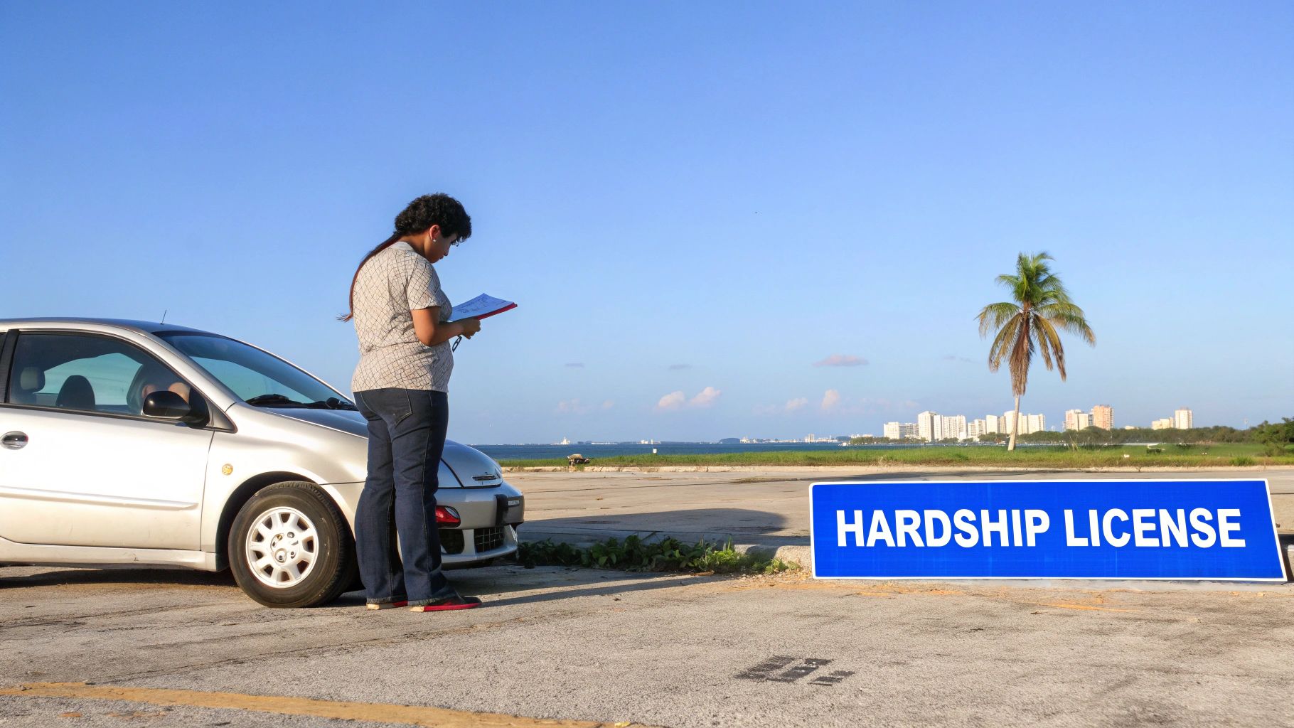 A person reviewing documents by a car with a 'Hardship License' sign and city skyline in the background.