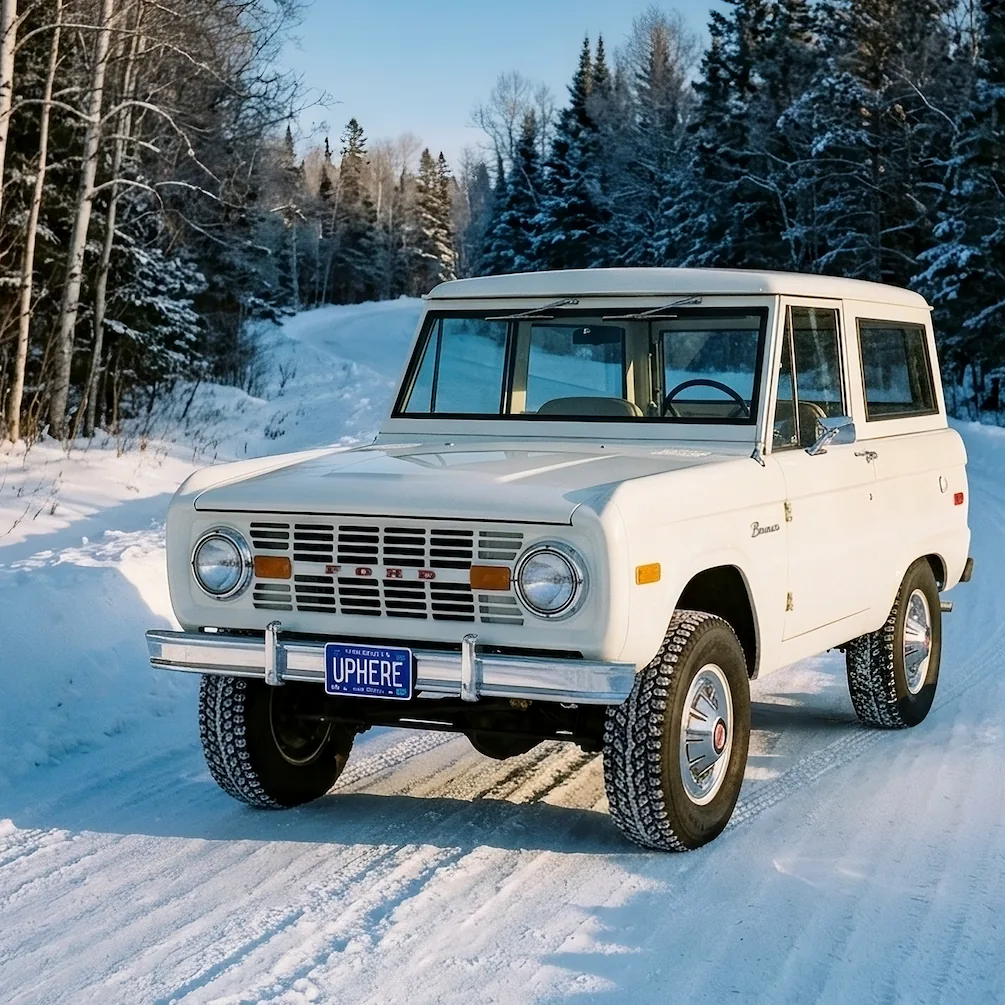 White Vintage Ford Bronco on snowy road with blue license plate