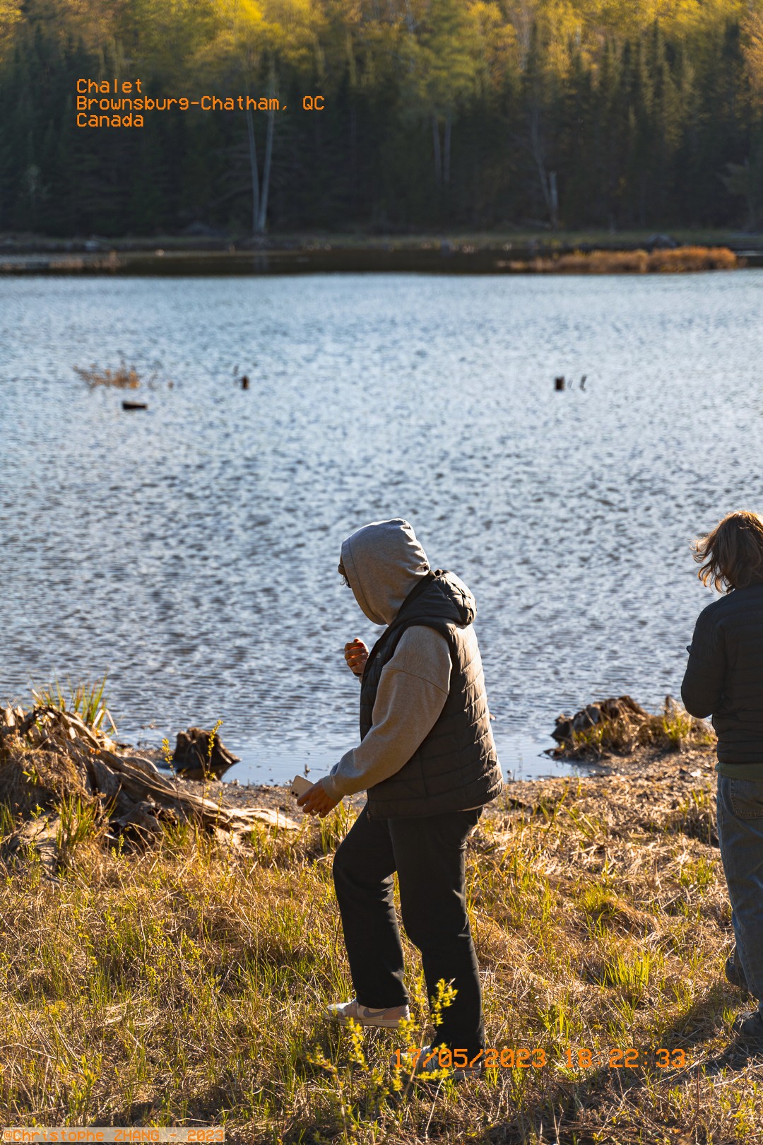 Marche tranquille le long d'un lac entouré de forêt