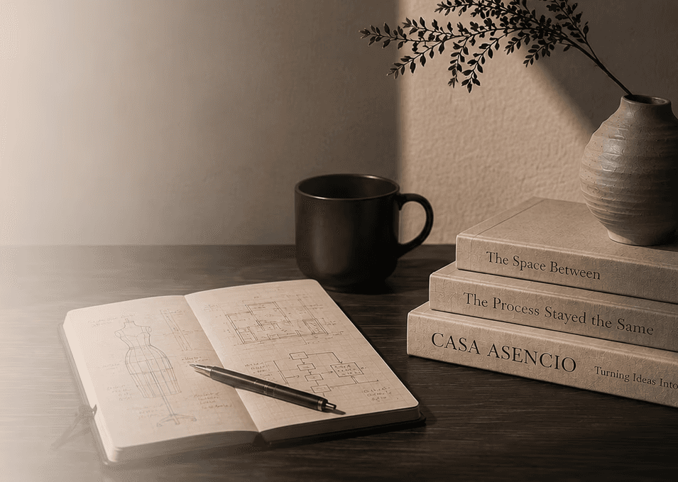 An open design journal filled with organized layout sketches and strategic workflow diagrams, showcasing cross-functional operational planning.