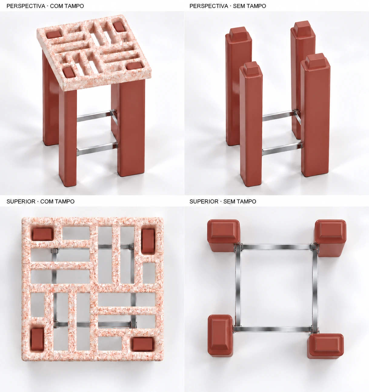 Render of the Cobogó Table: terrazzo cobogó tabletop on four glossy red concrete legs, shown in perspective and top views