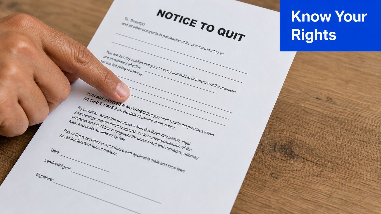 A hand points to a legal Notice to Quit document for eviction on a wooden table.