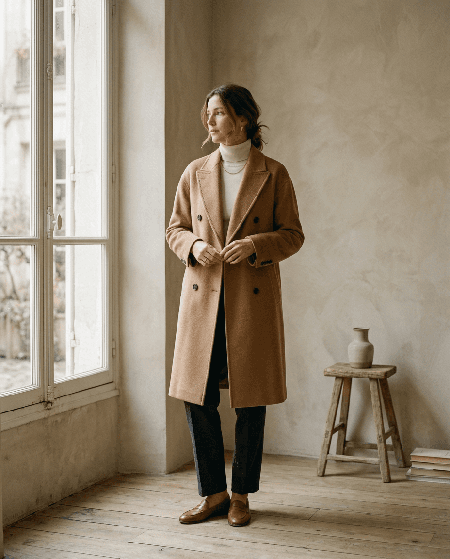Double-Breasted Camel Cashmere Coat — Camel — editorial