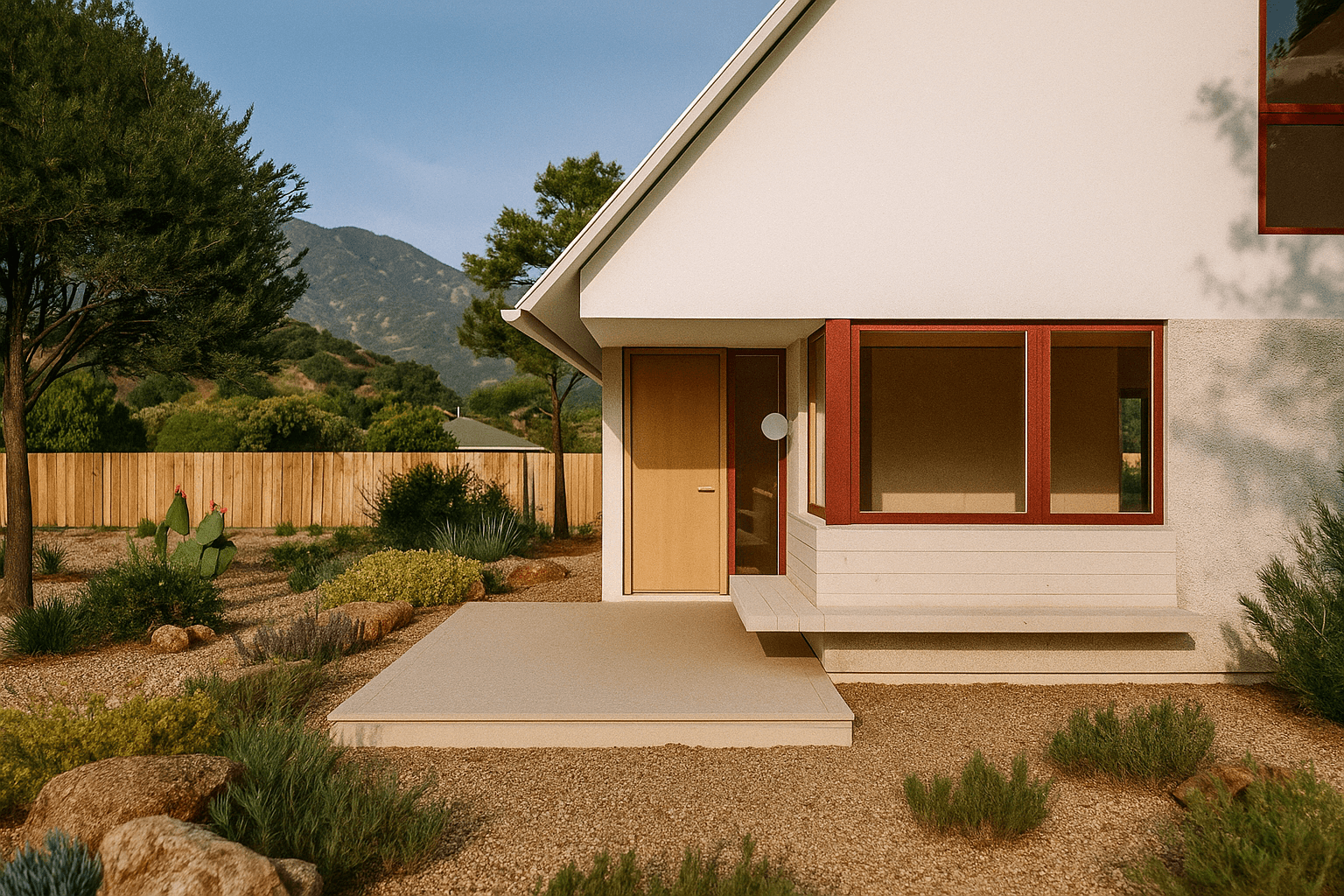 Front entry of a modern cottage with red-trimmed windows, wood door, and desert landscaping.