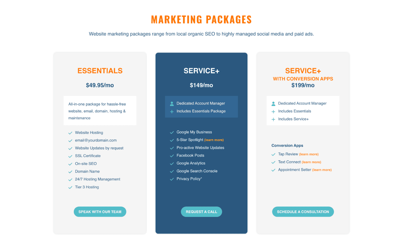 Screengrab of web development marketing package prices.
