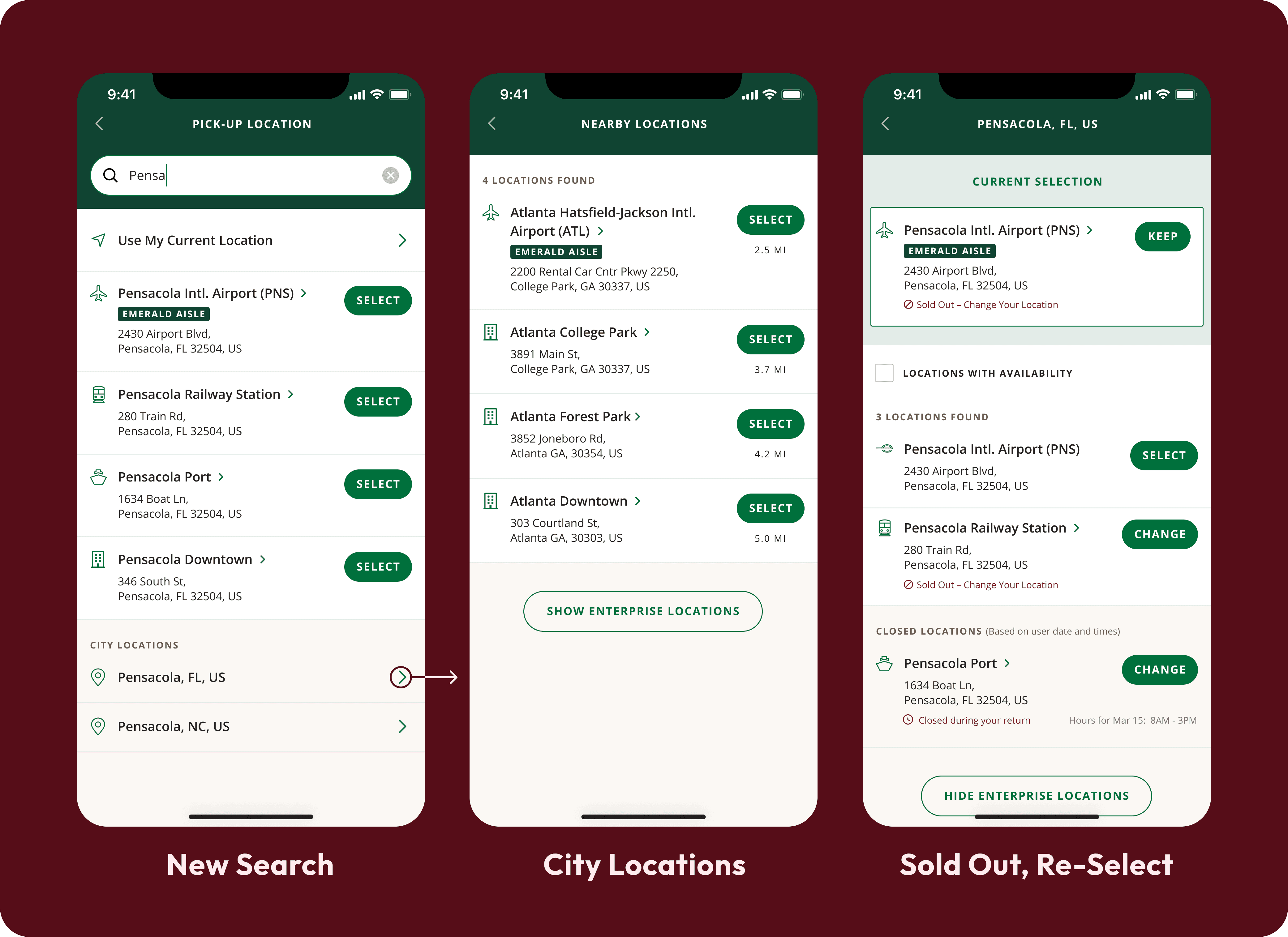 Pre-Map-View location selection list view screens. First a new search screen with search field at the top populating results, then locations in a city, and finally a sold out screen prompting another selection.