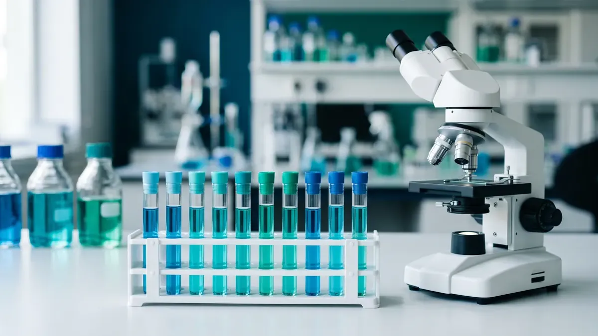 Banco de laboratorio con gradilla de tubos de ensayo de colores y un microscopio blanco