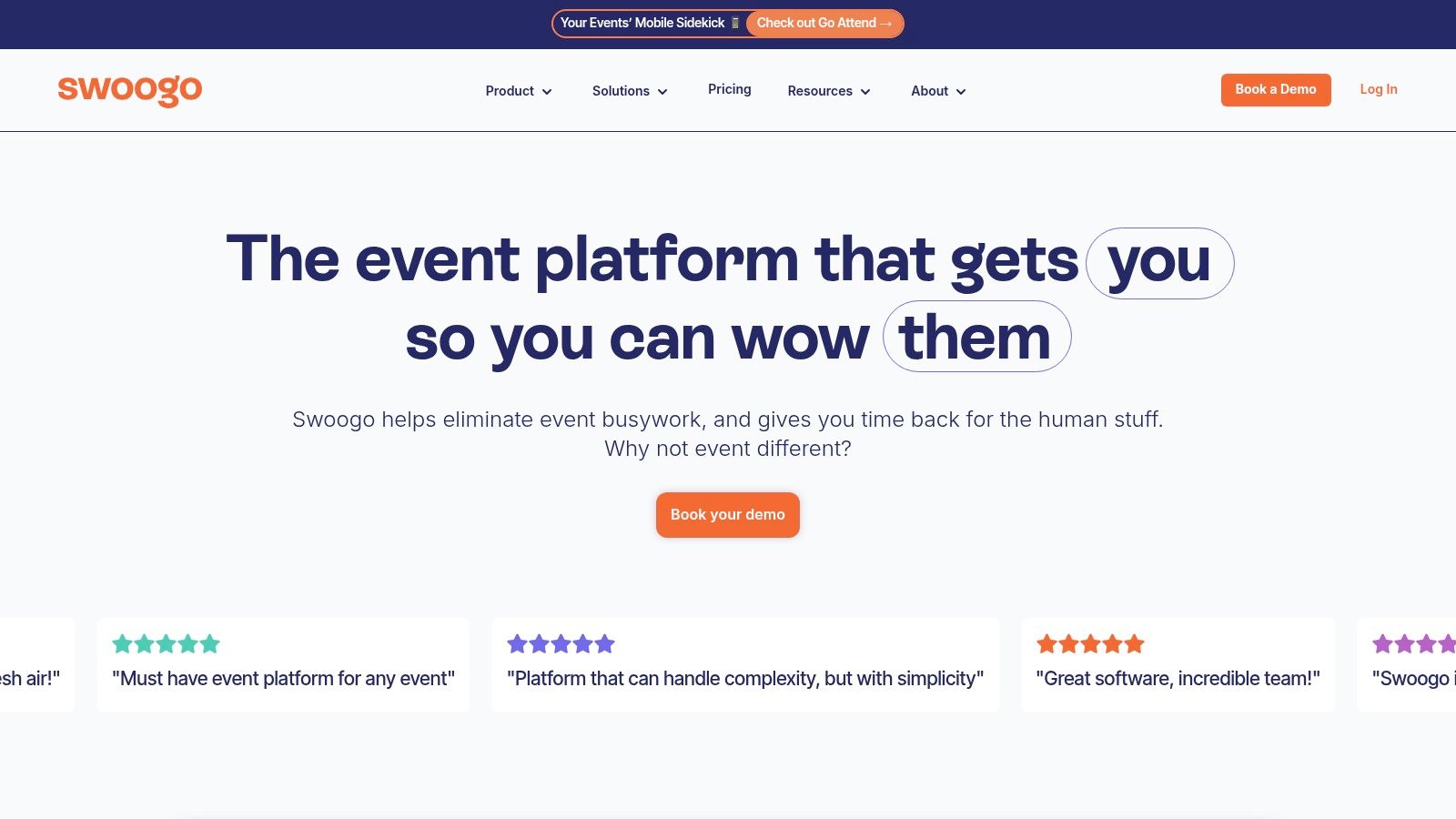 Swoogo event website builder interface showing design and layout options