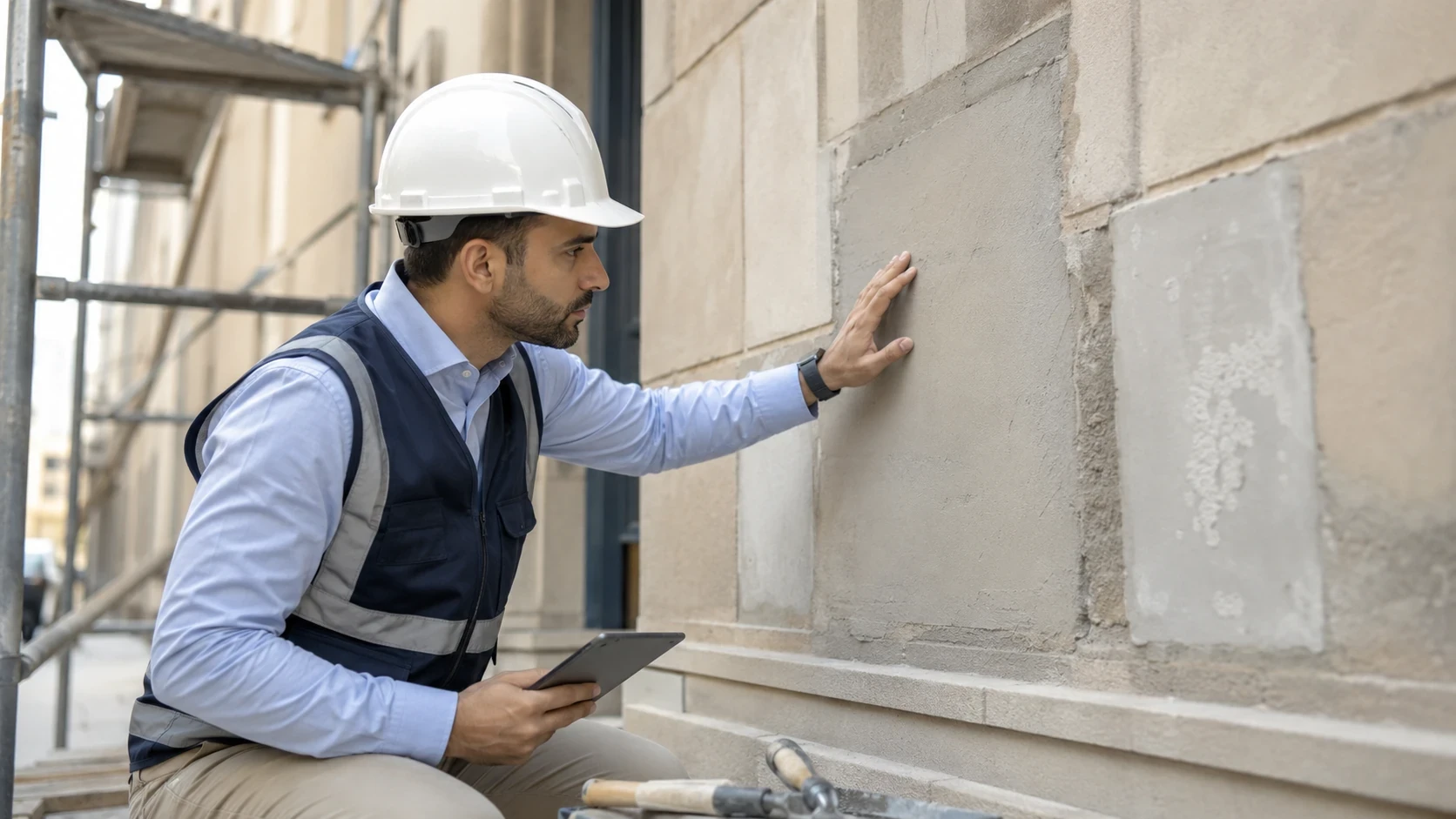 مهندس يشرف على أعمال ترميم وإصلاح واجهة مبنى قائم في الرياض