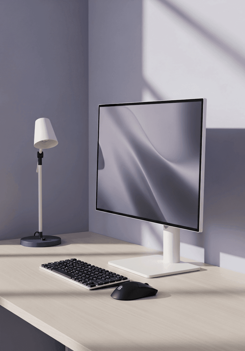 Aesthetic 3D rendering of a white computer monitor and lamp in a sunlit corner.