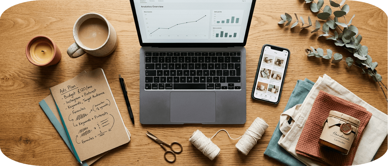 Overhead flat-lay of a laptop, notebook, and handmade goods illustrating how Etsy Ads work for sellers in 2026