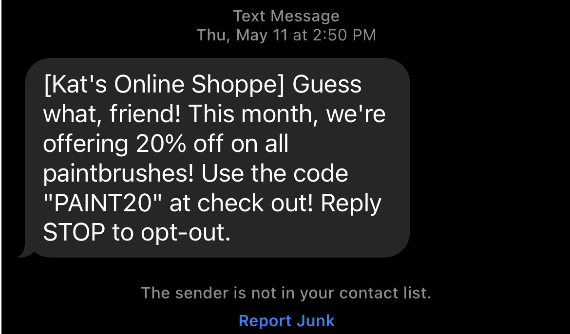 Promotional SMS use case for a coupon code.