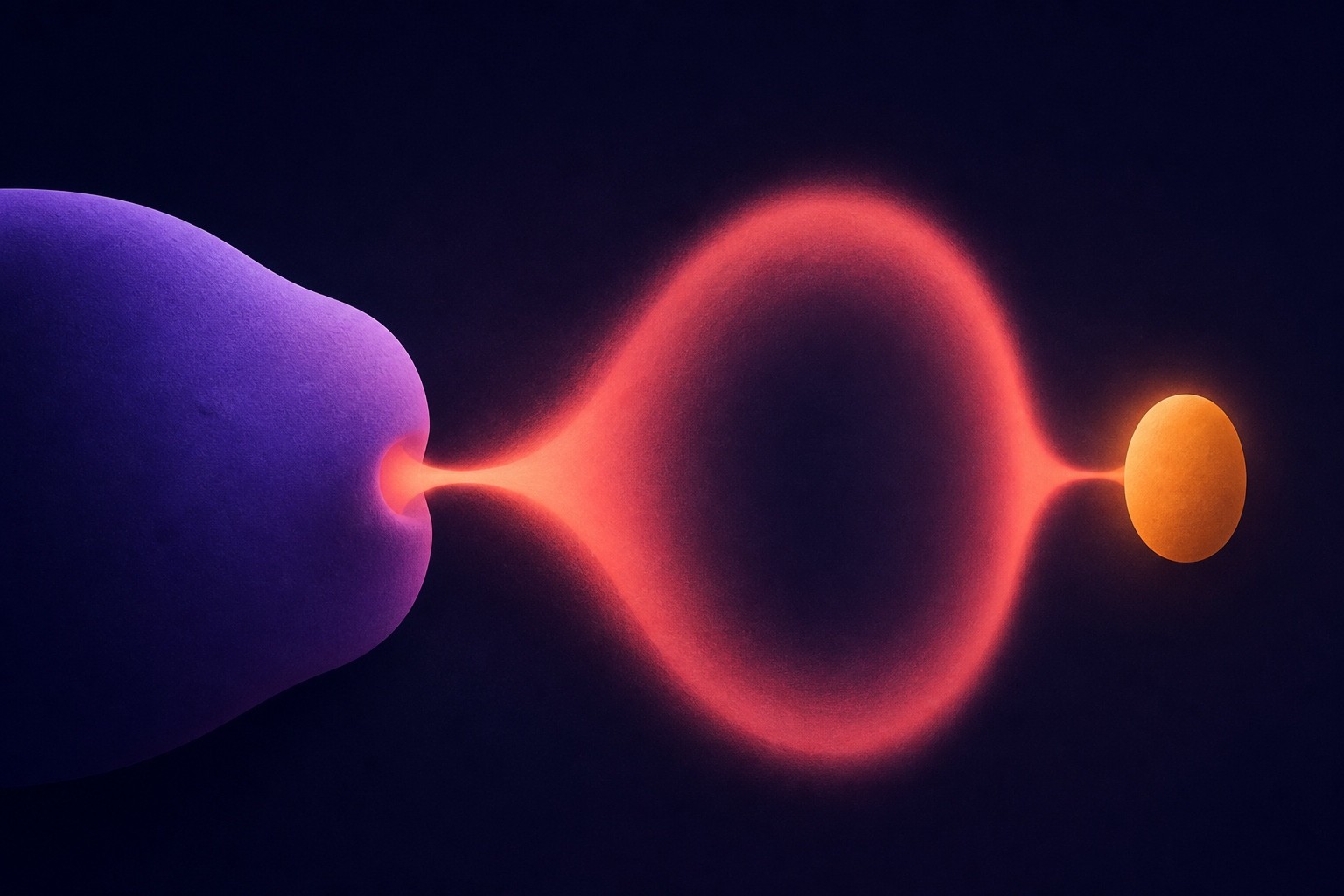 A coral pulse travels from a large violet form to a warm amber oval across a dark field.