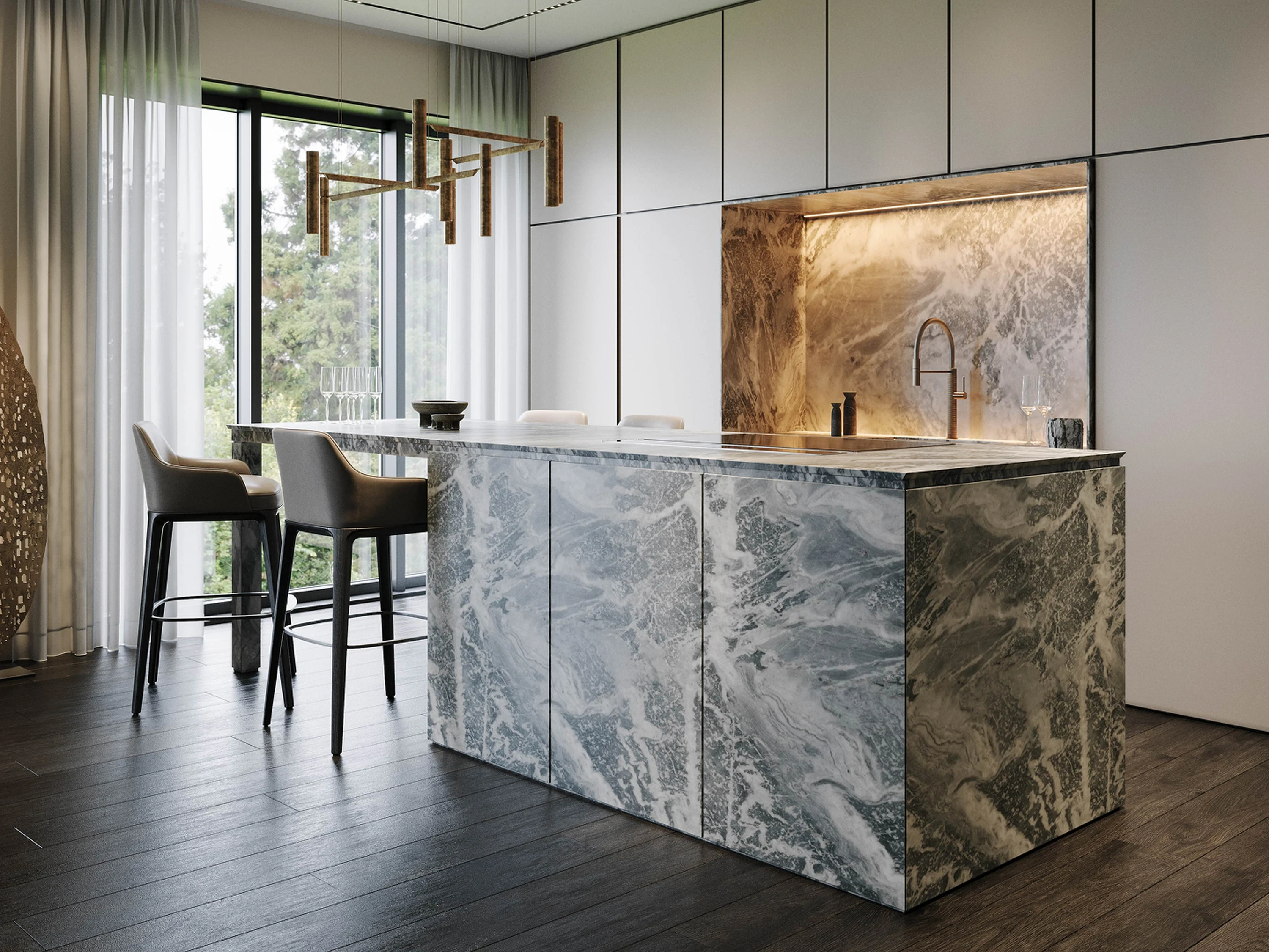 Détail — tablette en chêne et verrerie.